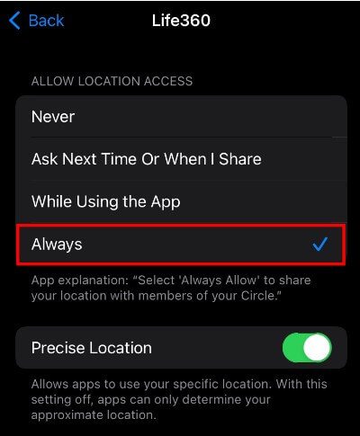 allow life360 location service