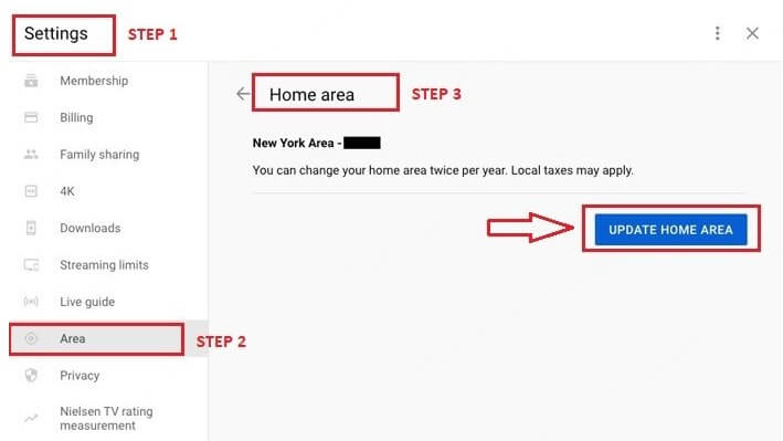 change home area on youtube tv