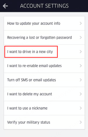 change uber driver city