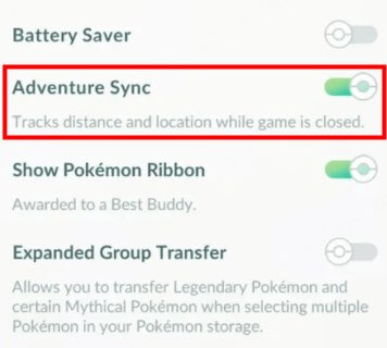 toggle on pokemon go adventure sync