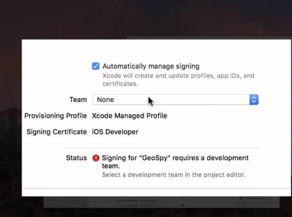 ensure set up development team in xcode