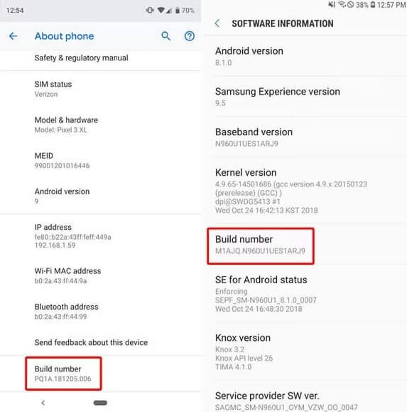 find the build number on your android phone