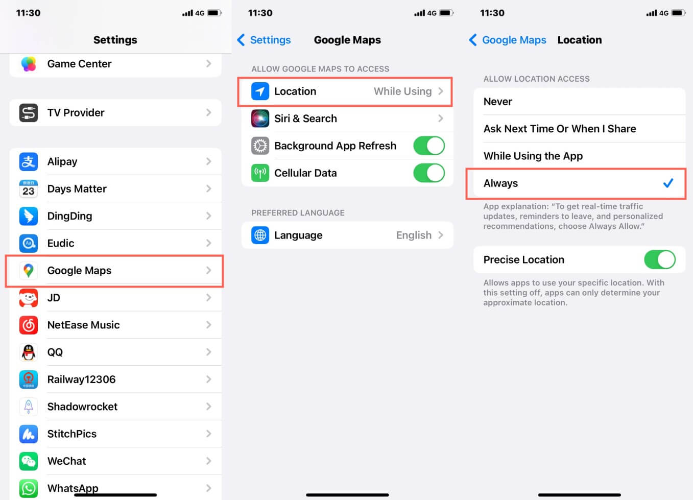 allow iphone location of google maps in settings