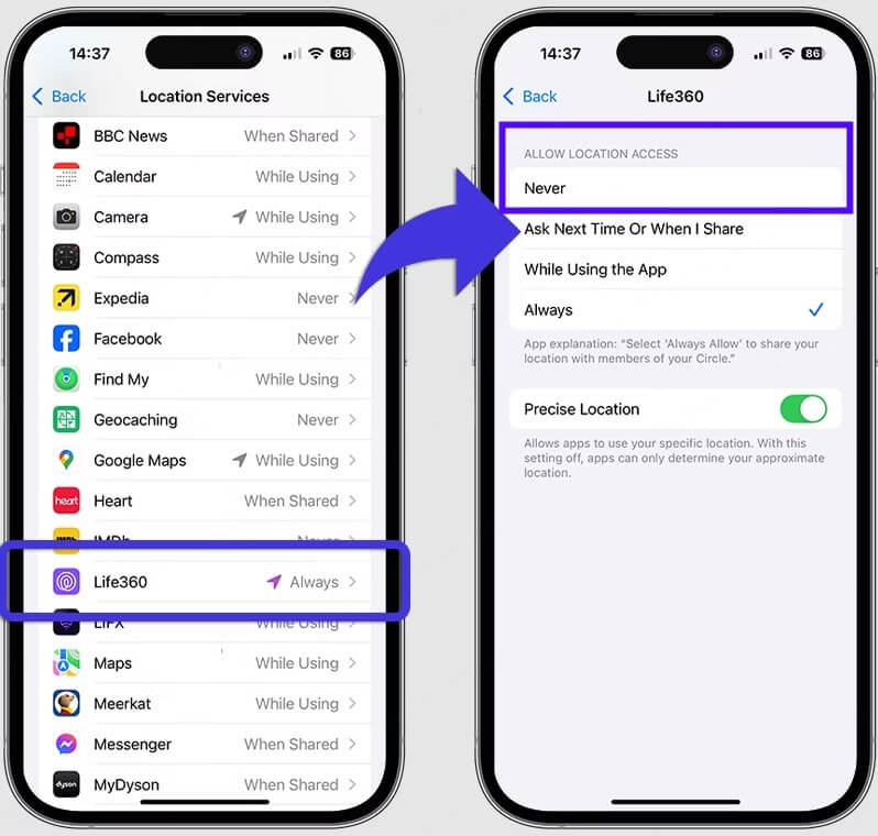 turn off location services to hide location on life360
