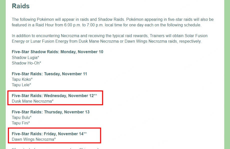 necrozma raid schedule november 2025