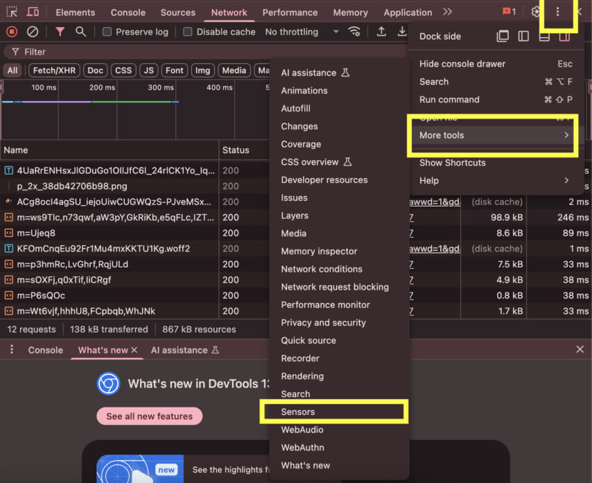 open sensors in devtools