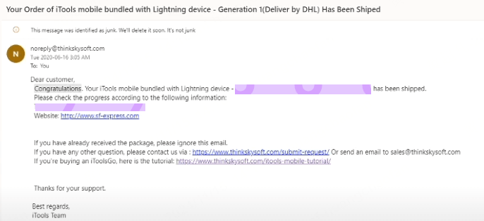 receive thinksky itools email