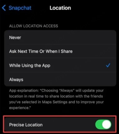 turn off precise location for snapchat