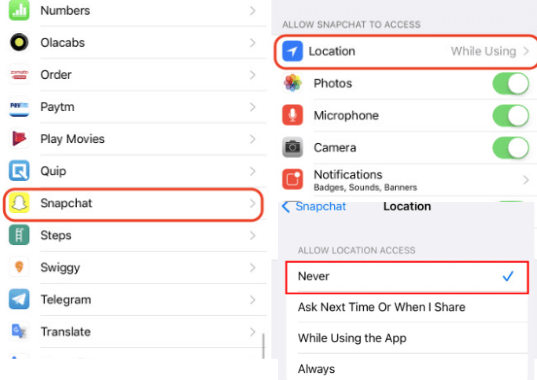 turn off snapchat app location access