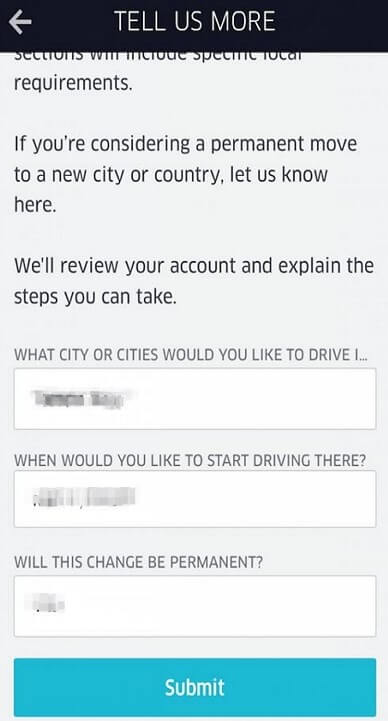 select city on uber driver