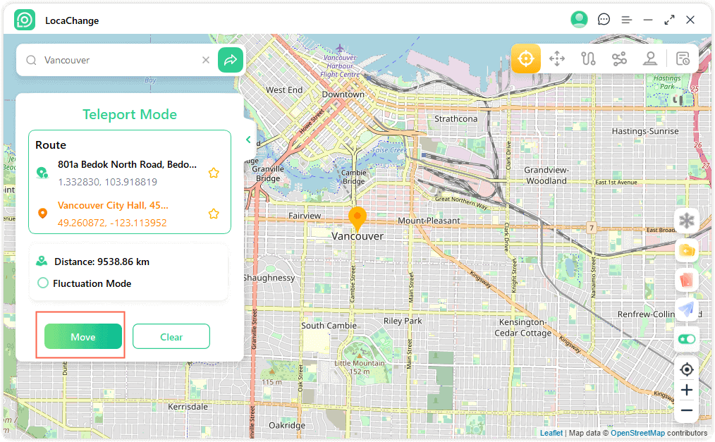 open locachange and start location spoofing