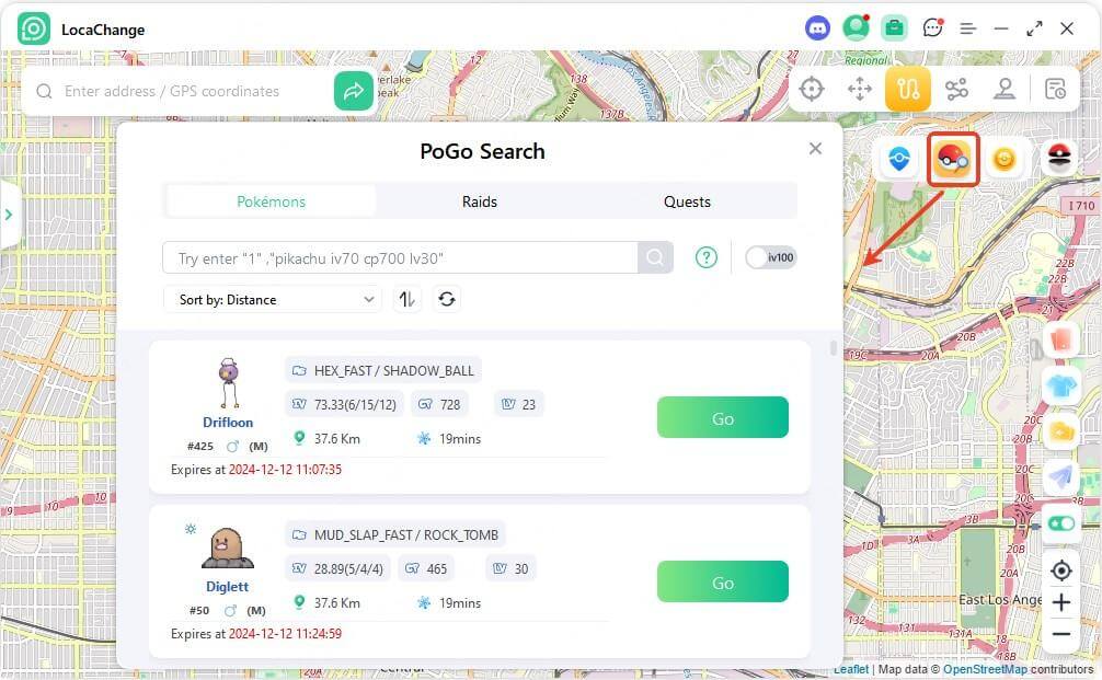 pogo search in locachange to view pokemon