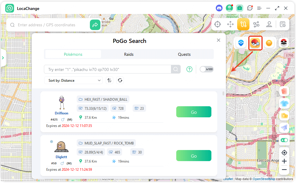 locachange pogo search view pokemon and raids and quests