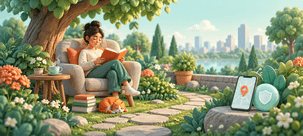 Quiet personal time illustrated with a garden reading scene