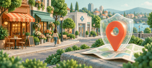 Private errands illustrated with a neighborhood scene and protected location pin