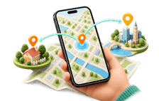 One phone in hand with home and city location markers