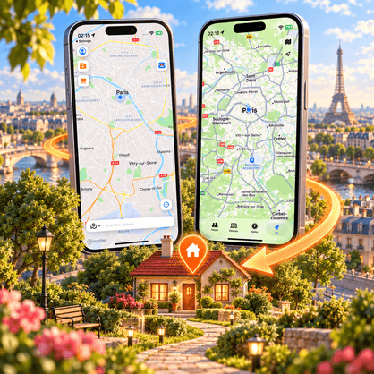 Conceptual return-to-location illustration with AnyTo and Find My phone mockups
