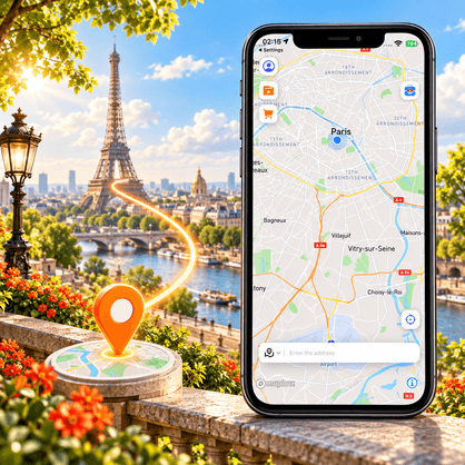Paris scene with an iPhone mockup based on the supplied AnyTo location screen