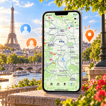 Paris scene with an iPhone mockup based on the supplied Find My Me screen