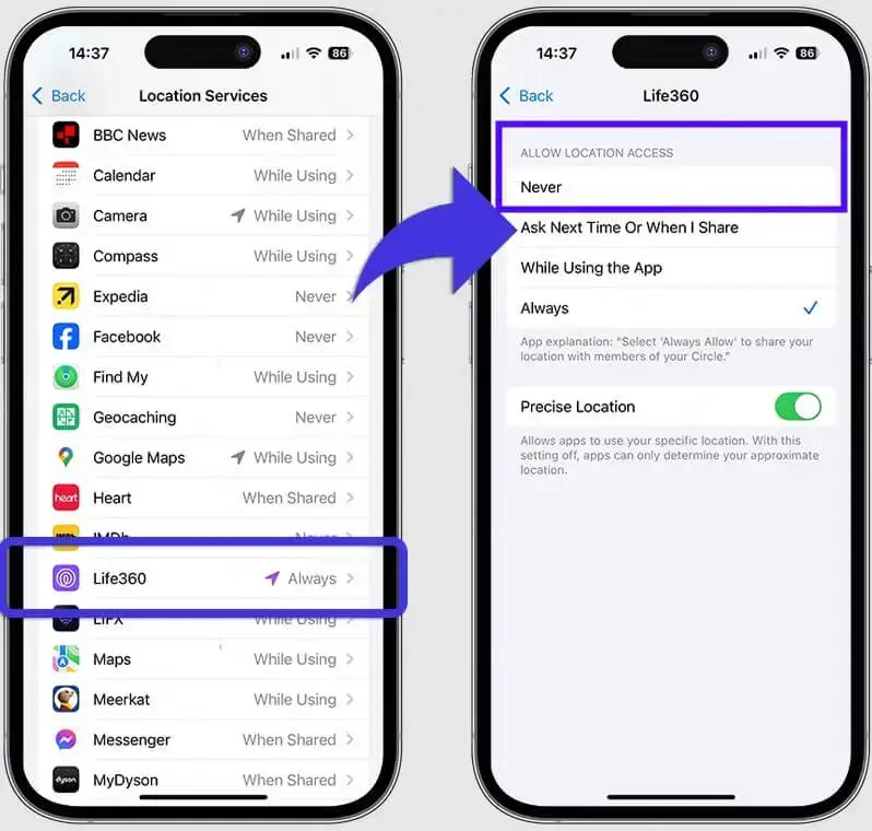 關閉定位服務以在life360上隱藏位置